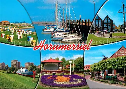 AK / Ansichtskarte Horumersiel Deich Restaurant Strand Konzerthalle Hafen Horumersiel