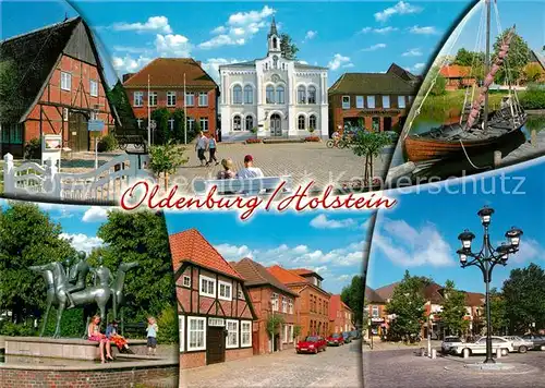 AK / Ansichtskarte Oldenburg_Holstein Reiterdenkmal Brunnen Fischerboot Rathaus  Oldenburg_Holstein