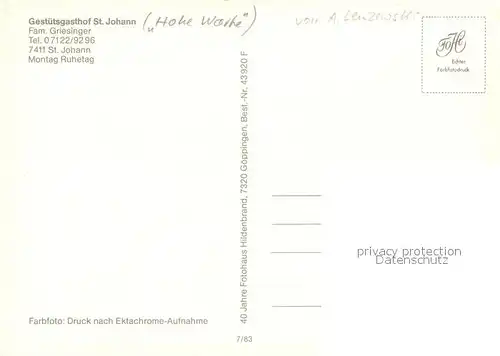 AK / Ansichtskarte St_Johann_Wuerttemberg Hohe Warthe Gestuetsgasthof St_Johann_Wuerttemberg