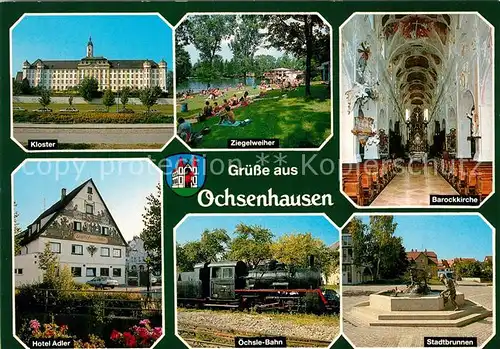 AK / Ansichtskarte Ochsenhausen Kloster Ziegelweiher Barockkirche Hotel Adler oechslebahn Stadtbrunnen Ochsenhausen