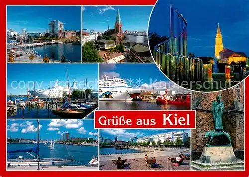 AK / Ansichtskarte Kiel Kirche Nachtaufnahme Hafen Statue Uferpromenade Kiel