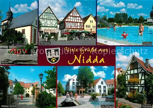 AK / Ansichtskarte Nidda Kirche Marktplatz Stadtbad Niddaer Schloss Rathaus Fachwerk Nidda