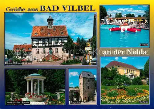 AK / Ansichtskarte Bad_Vilbel Rathaus Freibad Friedrich Karl Sprudel Burgruine Kurhaus Bad_Vilbel