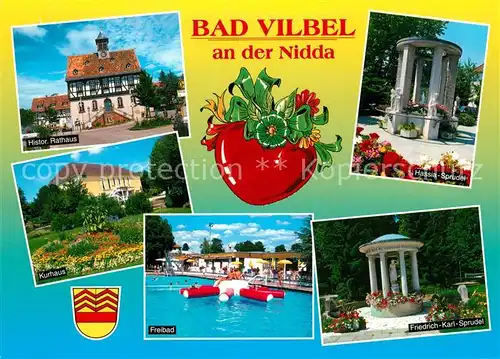 AK / Ansichtskarte Bad_Vilbel Rathaus Hassia Sprudel Kurhaus Freibad Friedrich Karl Sprudel Bad_Vilbel