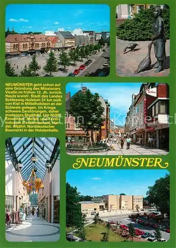 AK / Ansichtskarte Neumuenster_Schleswig Holstein Stadtblick Gaenseliesel Statue Fussgaengerzone Rathaus Neumuenster