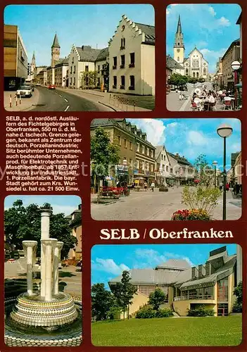 AK / Ansichtskarte Selb Strassenpartie Kirche Fussgaengerzone Brunnen  Selb