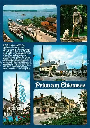 AK / Ansichtskarte Prien_Chiemsee Fliegeraufnahme Statue Kirche Maibaum Strassenpartien Prien Chiemsee