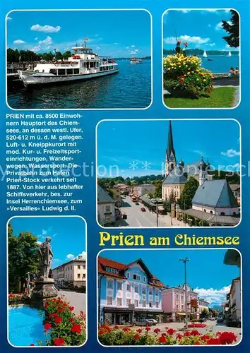 AK / Ansichtskarte Prien_Chiemsee Fahrgastschiff Kirche Teich Statue Stadtplatz Prien Chiemsee