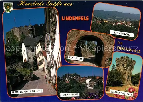 AK / Ansichtskarte Lindenfels_Odenwald Burg Kath Kirche Stadttor Teilansichten Bismarckturm Lindenfels Odenwald