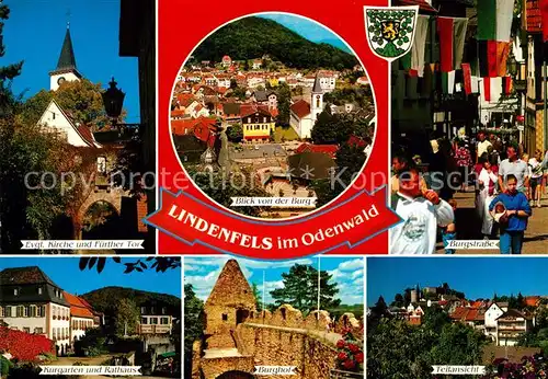 AK / Ansichtskarte Lindenfels_Odenwald Ev Kirche und Fuerther Tor Blick von der Burg Burgstrasse Kurgarten und Rathaus Burghof Teilansicht Lindenfels Odenwald