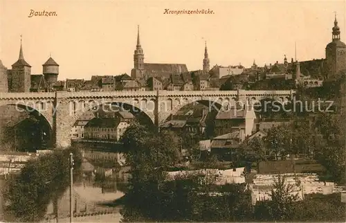 AK / Ansichtskarte Bautzen Kronprinzenbruecke Spree Altstadt Kirche Tuerme Bautzen