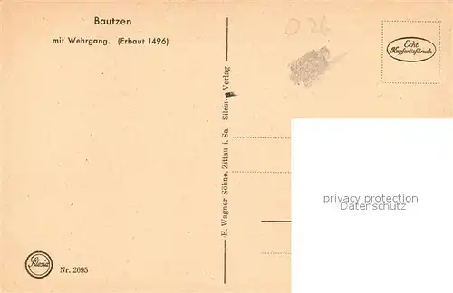 AK / Ansichtskarte Bautzen Partie am Muehltor Stadtmauer mit Wehrgang Kupfertiefdruck Silesia Nr 2095 Bautzen