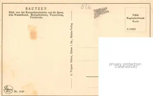 AK / Ansichtskarte Bautzen Blick von der Kronprinzenbruecke Spree Alte Wasserkunst Kirche Wasserturm Kupfertiefdruck Silesia Karte Nr 1145 Bautzen