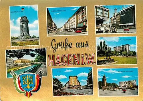 AK / Ansichtskarte Hagen_Westfalen Bismarck Turm Elberfelderstr City An der Volm Im Volkspark Hauptbahnhof Hagen_Westfalen
