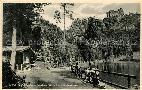 AK / Ansichtskarte Rathen_Saechsische Schweiz Amselsee mit Lokomotive Felsformation Elbsandsteingebirge Rathen Saechsische Schweiz