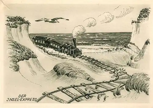 AK / Ansichtskarte Insel_Sylt Insel Express Dampflokomotive Moewe Zeichnung Kuenstlerkarte Insel_Sylt