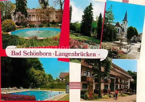 AK / Ansichtskarte Langenbruecken_Bad_Schoenborn Kirche Brunnen Schwimmbad Langenbruecken_Bad