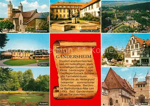 AK / Ansichtskarte Bad_Gandersheim Stiftskirche Roswitha Brunnen Fliegeraufnahme Kurhaus Abtei Kurpark Markt Bad_Gandersheim