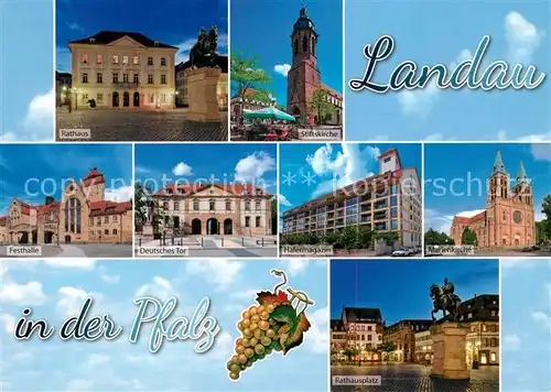 AK / Ansichtskarte Landau_Pfalz Rathaus Stiftskirche Festhalle Deutsches Tor Hafermagazin Marienkirche Rathausplatz Landau Pfalz