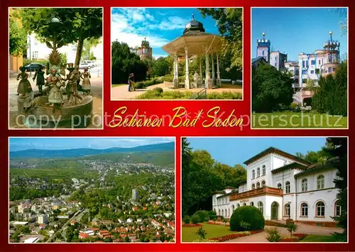 AK / Ansichtskarte Bad_Soden_Taunus Brunnenfiguren Solbrunnen Schloss Fliegeraufnahme Kurhaus Bad_Soden_Taunus