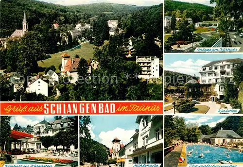 AK / Ansichtskarte Schlangenbad_Taunus Panorama Anlage am Kurhaus Kurhotel Kurkonzert Muehlstrasse Thermalschwimmbad Schlangenbad_Taunus
