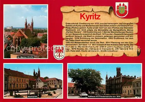 AK / Ansichtskarte Kyritz_Brandenburg St Marien Kirche Marktplatz Rathaus mit Friedenseiche von 1814 Kyritz Brandenburg