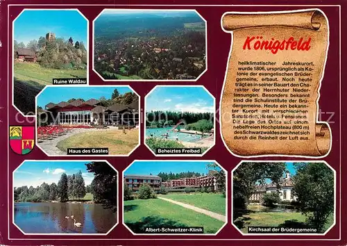 AK / Ansichtskarte Koenigsfeld_Schwarzwald Ruine Waldau Panorama Haus des Gastes Freibad Albert Schweitzer Klinik Kirchsaal der Bruedergemeinde Koenigsfeld Schwarzwald