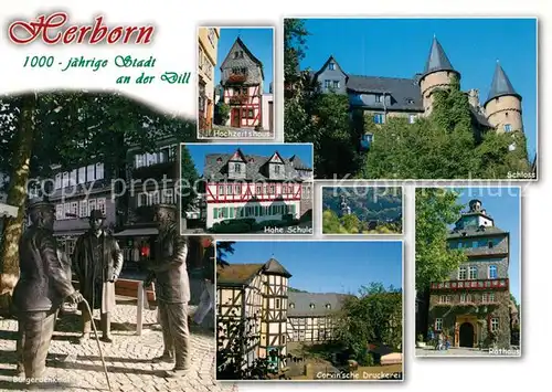 AK / Ansichtskarte Herborn_Hessen Buergerdenkmal Hochzeitshaus Hohe Schule Schloss Corvinsche Druckerei Raathaus Herborn Hessen