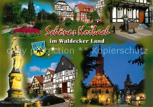 AK / Ansichtskarte Korbach Park Fachwerkhaeuser Statuen Kirche Korbach