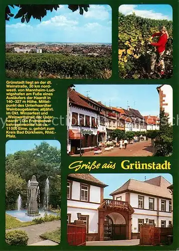 AK / Ansichtskarte Gruenstadt Panorama Weinlese Brunnen Fussgaengerzone Portal Gruenstadt