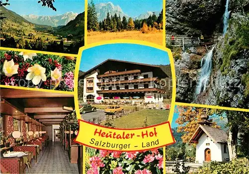 AK / Ansichtskarte Heutal_Unken Gasthof Pension Heutaler Hof Kapelle Wasserfall Landschaftspanorama Alpen Heutal Unken