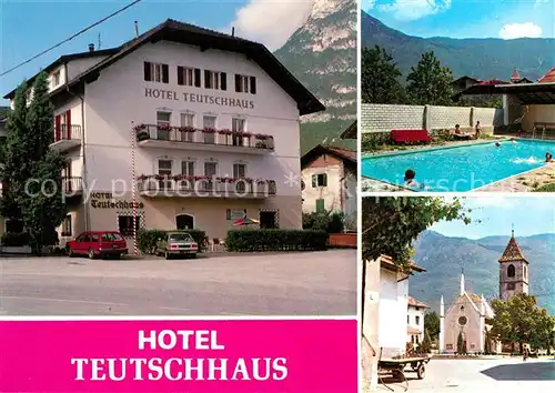 AK / Ansichtskarte Kurtinig_Weinstrasse Hotel Restaurant Teutschhaus Swimming Pool Ortsmotiv mit Kirche Kurtinig_Weinstrasse