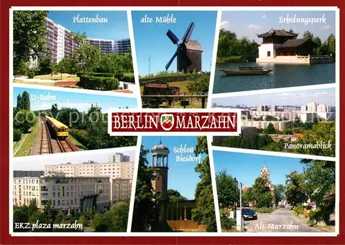 AK / Ansichtskarte Marzahn_Berlin Plattenbau Alte Muehle Erholungspark U Bahn Panoramablick Schloss Biesdorf EKZ Plaza Alt Marzahn Marzahn Berlin