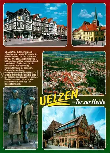 AK / Ansichtskarte Uelzen_Lueneburger_Heide Stadtplatz Marienkirche Fliegeraufnahme Skulptur Gasthaus Uelzen_Lueneburger_Heide