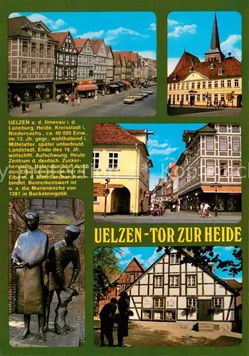 AK / Ansichtskarte Uelzen_Lueneburger_Heide Strassenpartie Schloss Fussgaengerzone Skulptur  Fachwerkhaus Uelzen_Lueneburger_Heide