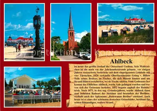AK / Ansichtskarte Ahlbeck_Ostseebad Kirche Strand Konzertbuehne Ahlbeck_Ostseebad