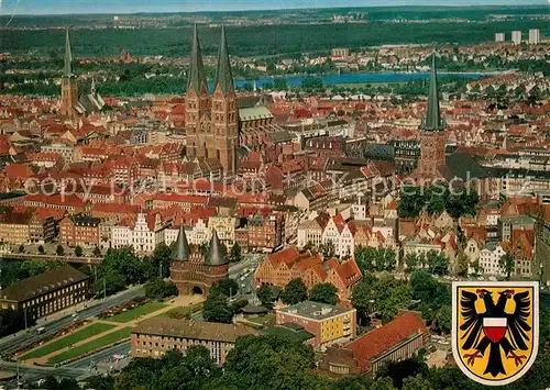 AK / Ansichtskarte Luebeck Stadtzentrum Kirchen Holstentor Fliegeraufnahme Wappen Hansestadt Luebeck