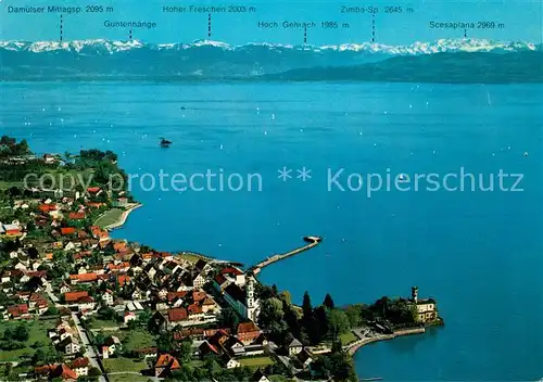 AK / Ansichtskarte Langenargen_Bodensee Blick auf oesterreichische und Schweizer Alpen Fliegeraufnahme Langenargen Bodensee