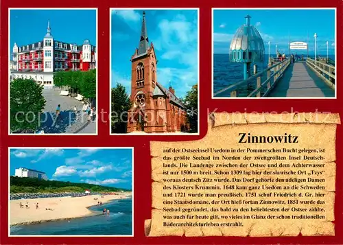 AK / Ansichtskarte Zinnowitz_Ostseebad Backsteinkirche Badestrand Vinetabruecke Zinnowitz_Ostseebad