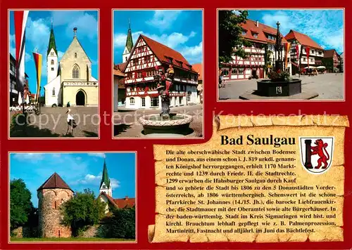 AK / Ansichtskarte Saulgau_Bad Stadtmauer Fachwerk Kirche Brunnen Saulgau_Bad