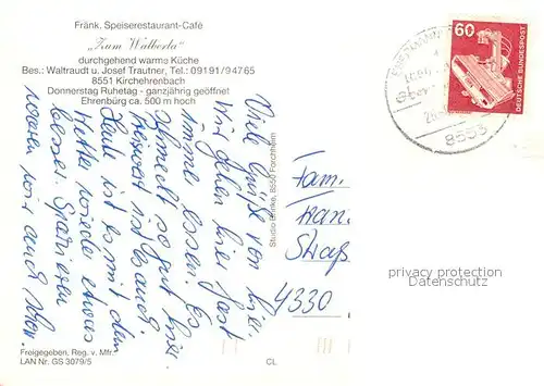 AK / Ansichtskarte Kirchehrenbach Restaurant Cafe zum Walberla Kirchehrenbach