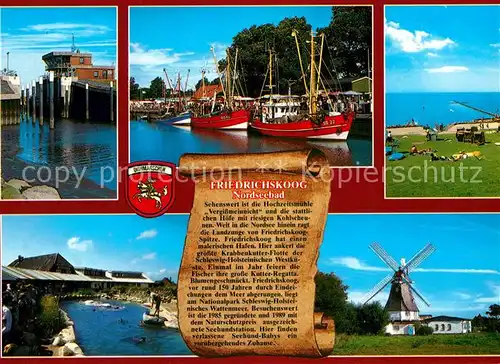 AK / Ansichtskarte Friedrichskoog_Nordseebad Hafen Muehle Chronik Friedrichskoog_Nordseebad