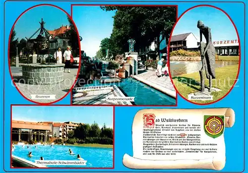AK / Ansichtskarte Bad_Waldliesborn Brunnen Kurpromenade Kurzentrum Thermalsole Schwimmbaeder Bad_Waldliesborn
