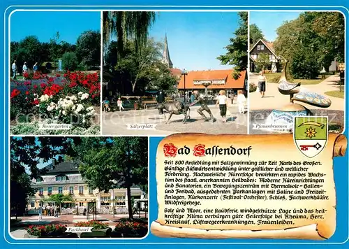 AK / Ansichtskarte Sassendorf_Bad Rosengarten Saelzerplatz Pfauenbrunnen Parkhotel Chronik Sassendorf_Bad