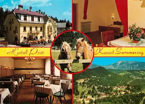 AK / Ansichtskarte Semmering_Niederoesterreich Hotel Restaurant Post Passhoehe Pferde Landschaftspanorama Alpen Semmering