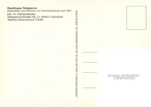 AK / Ansichtskarte Carlsfeld_Erzgebirge Gasthaus Pension Talsperre Restaurant Carlsfeld Erzgebirge