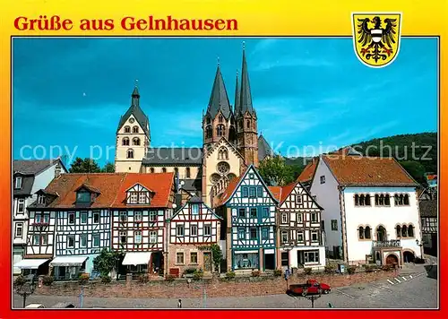 AK / Ansichtskarte Gelnhausen Barbarossastadt Untermarkt Fachwerkhaeuser Kirche Wappen Gelnhausen
