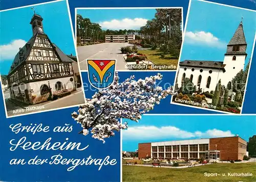 AK / Ansichtskarte Seeheim Jugenheim Altes Rathaus Kirche Sporthalle Kulturhalle Schuldorf Bergstrasse Seeheim Jugenheim