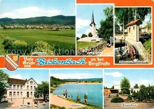 AK / Ansichtskarte Bickenbach_Bergstrasse Panorama Kirche Muehlrad Buergerhaus Erlensee Rathaus Bickenbach_Bergstrasse