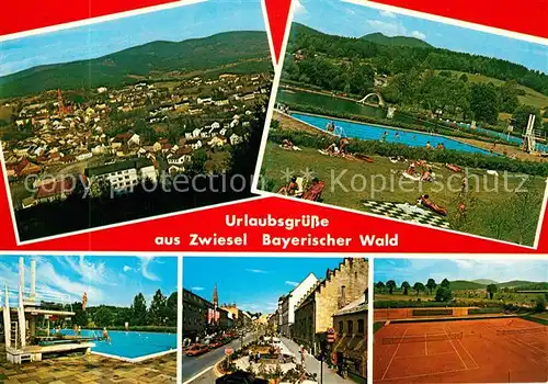 AK / Ansichtskarte Zwiesel_Niederbayern Panorama Freibad Tennisanlage Innenstadt Zwiesel Niederbayern